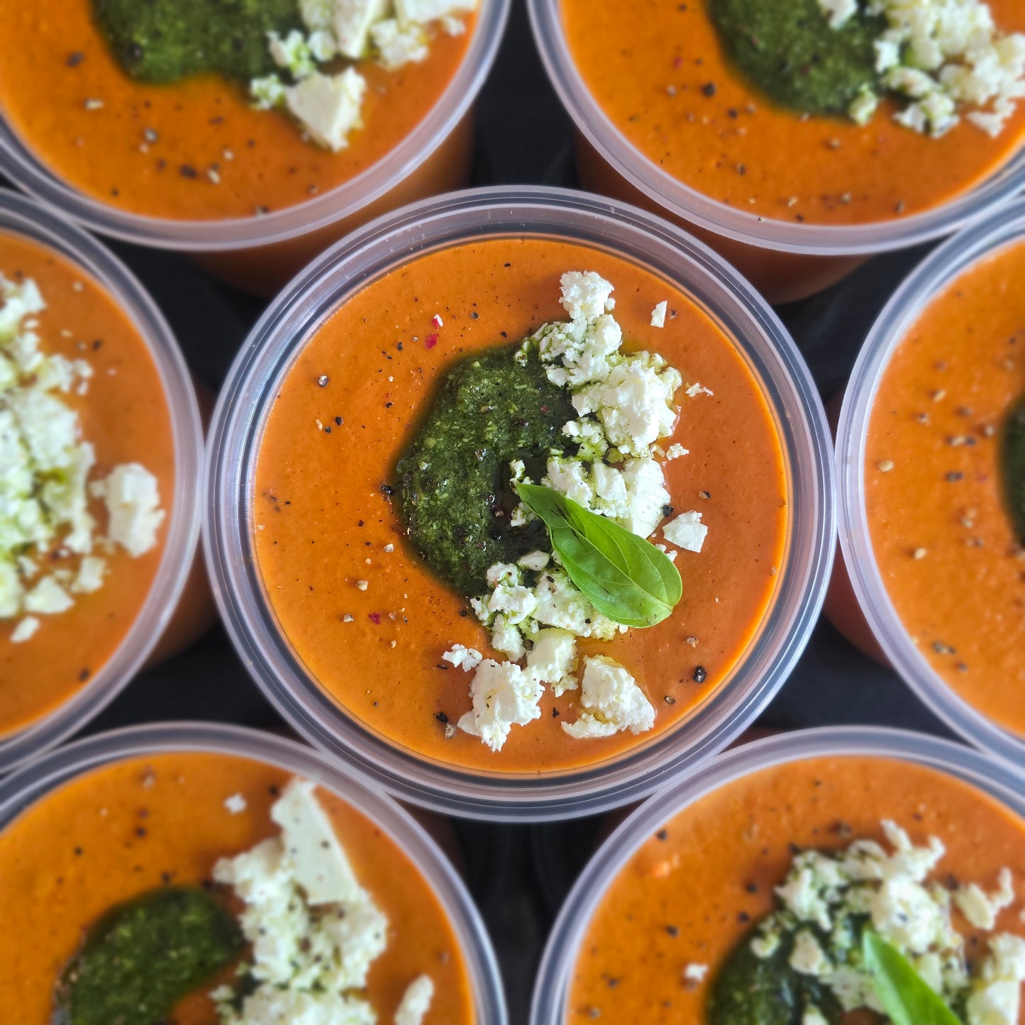 Creamy Roasted Tomato & Bell Pepper Soup wth Basil Pesto