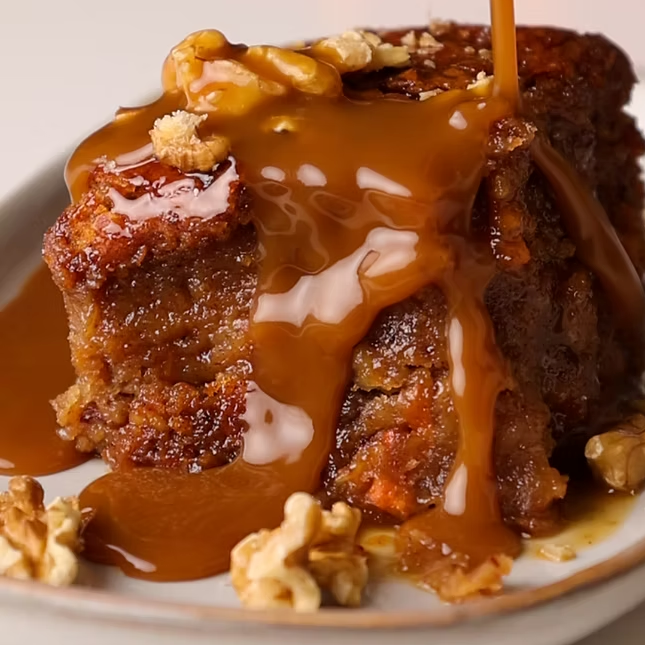 Carrot Cake Pudding with Caramel Sauce