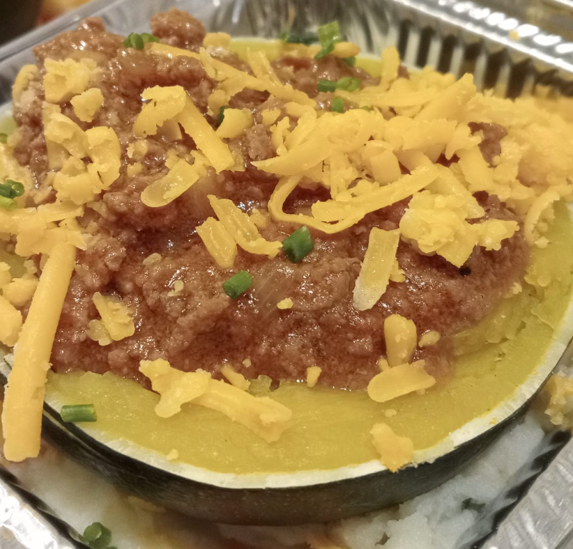 Savoury Mince filled Gem Squash with Veggie Mash and Cheddar