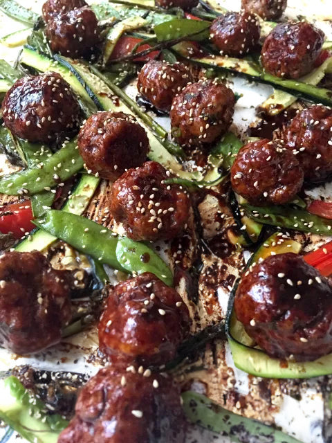 Sweet & Spicy Pork Meatballs with Veggie Stir-Fry