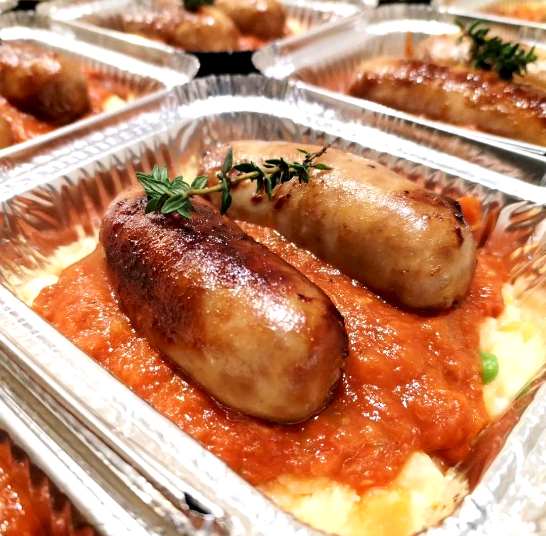 Bangers & Mash with Peas and Onion Gravy