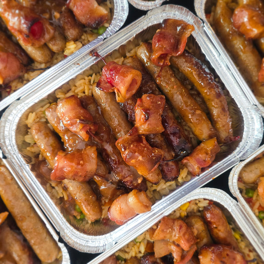 Bacon & Cherry Bites with Pork Chipolatas & Savoury Rice