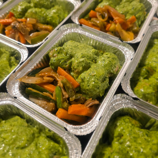 Creamy Basil Pesto Pork Meatballs & Veggie Stir-Fry