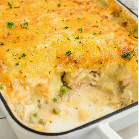 Baked Fish Pie with Garlic Butter Potato Mash