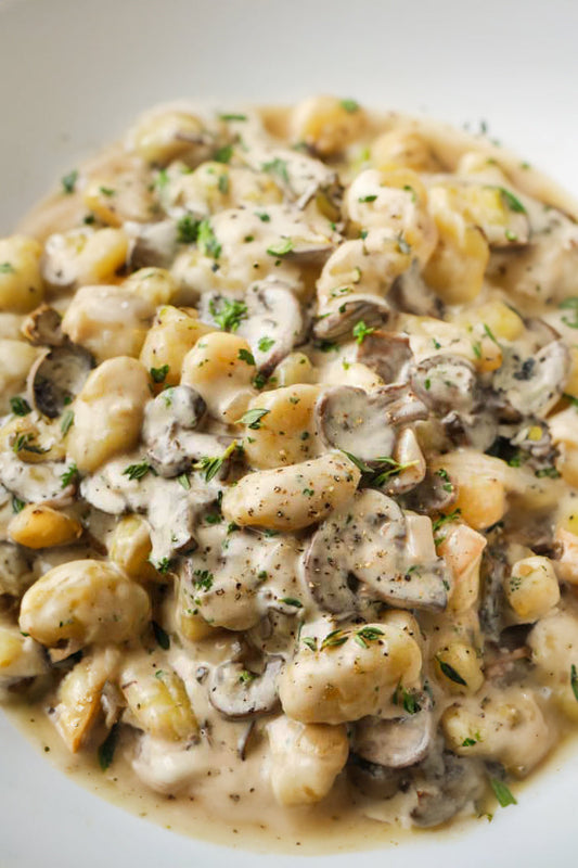 Gnocchi with Grilled Chicken in a creamy Mushroom & Cheese Sauce