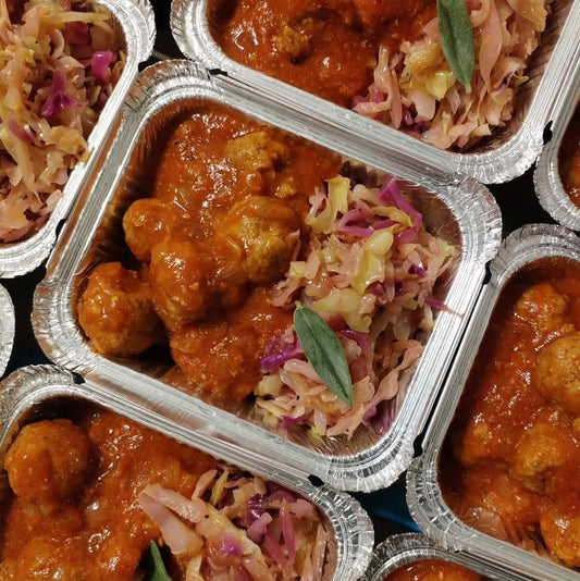 Pork Meatballs in Gravy with Stewed Cabbage