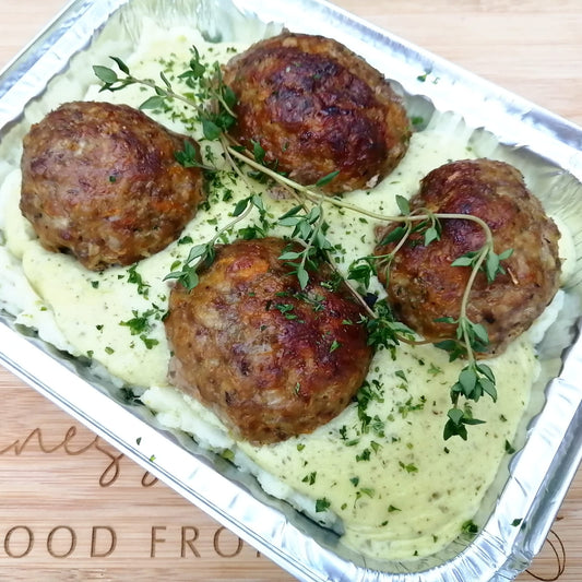 Creamy Basil Pesto Pork Meatballs & Veggie Stir-Fry